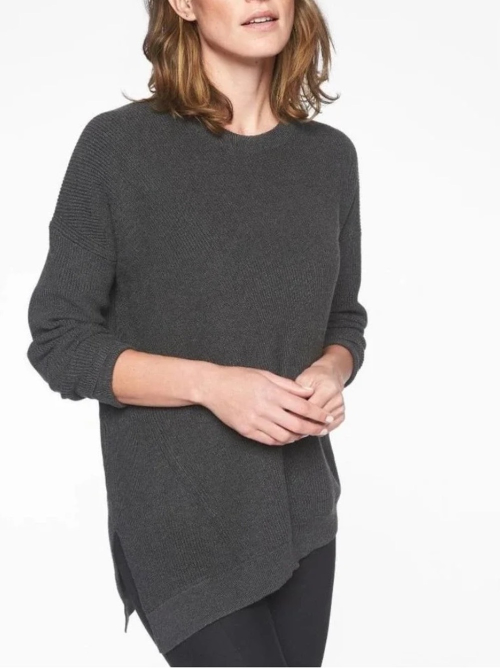 Like New Athleta Pima Cotton Crewneck Asymmetrical Sweater Womens Sz L Waffle